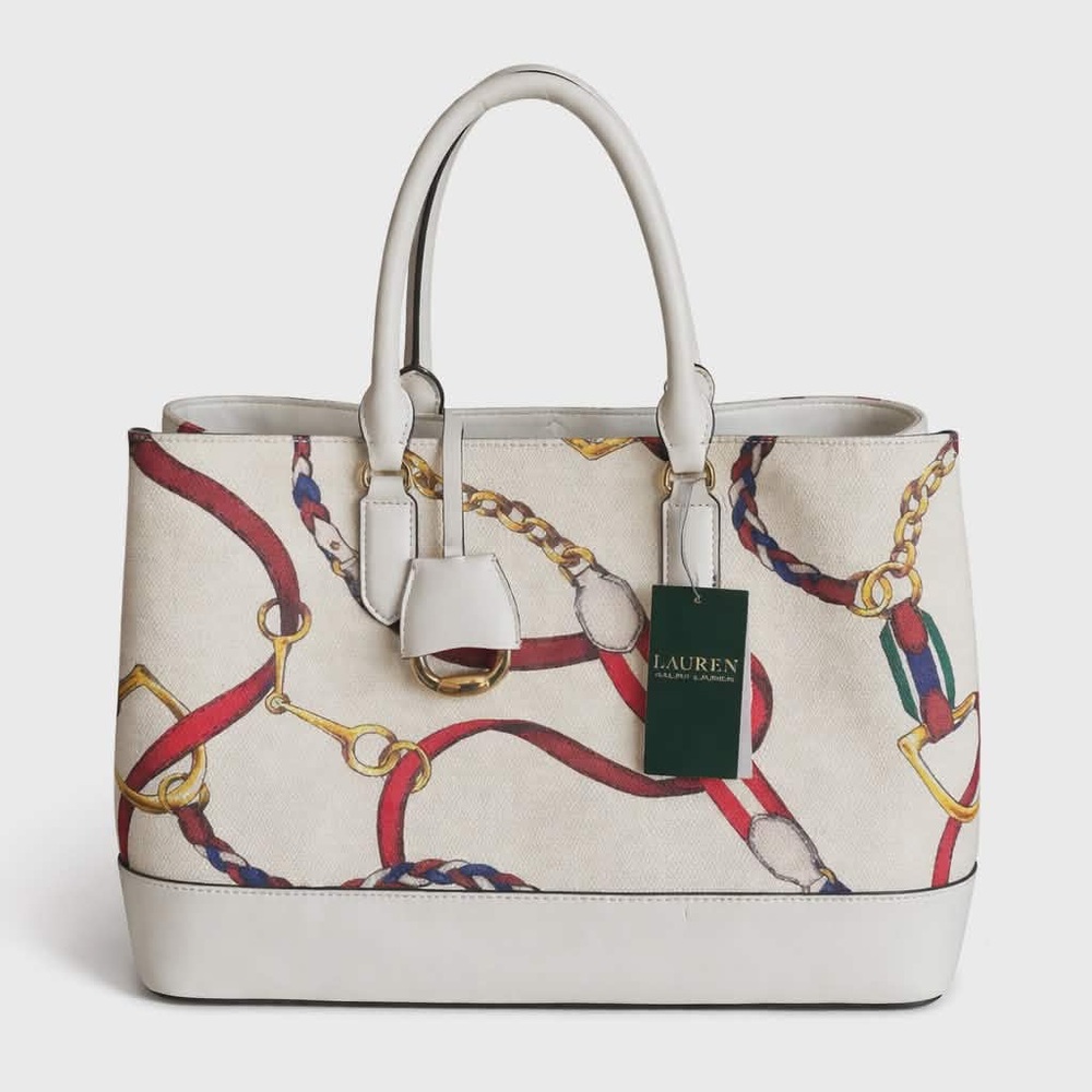 NWT Lauren Ralph Lauren Marcy Equestrian Satchel in “Vanilla Sig Belting” Print - Picture 2 of 4